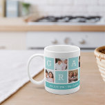 Caneca De Café Vovó Colagem de Fotos e Nomes de Netos<br><div class="desc">Crie um doce guardião para uma avó amada neste Dia dos Dias de as mães ou Avós. Este simples design apresenta sete das suas fotos favoritas de quadrado ou Instagram, organizadas num esquema de colagem com quadrados alternados em aqua claro, soletrando "Avó". Personalize com fotos favoritas de seus netos e...</div>