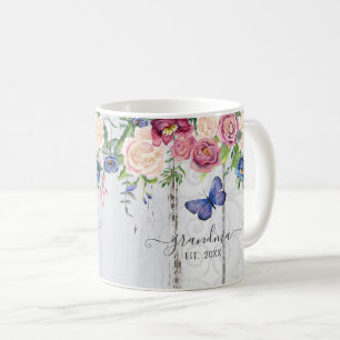 Caneca De Café Vovó Estabelecida Madeira Floral Rústica Burgundia