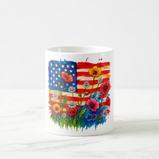 Caneca De Café Watercolor American Flag & Wildflower - Patriótico