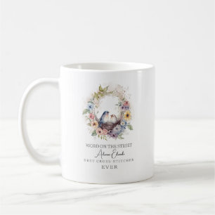 Caneca De Café Watercolor Best Cross Stitch Lover Floral Wreath