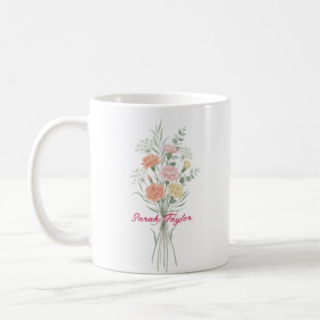 Caneca De Café Watercolor Birth Flower Carnation Personalized Mug (Esquerda)