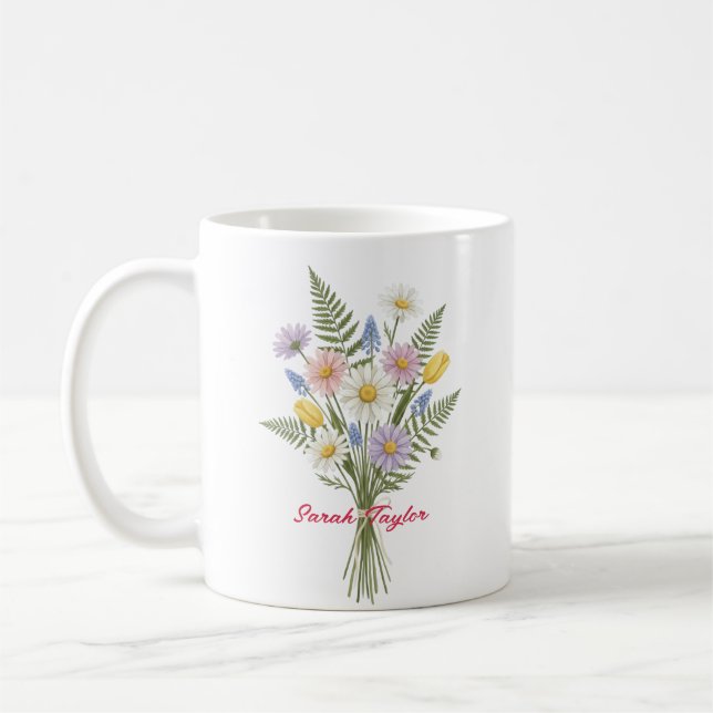 Caneca De Café Watercolor Birth Flower Daisy Personalized Mug (Esquerda)