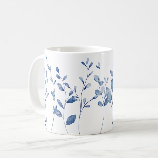 Caneca De Café Watercolor Blue Leaves (Frente Esquerda)