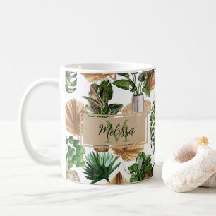 Caneca De Café Watercolor Boho Interior Plantas Monograma Nome