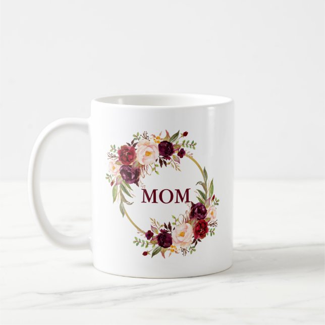 Caneca De Café Watercolor Burgundy Floral Dourada Mãe (Esquerda)