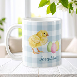 Caneca De Café Watercolor Chick And Eggs On Blue With Name