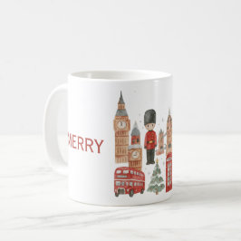 Caneca De Café Watercolor Christmas in London Red Bus, Big Ben