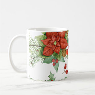 Caneca De Café Watercolor Christmas Poinsettia e Red Cardinal
