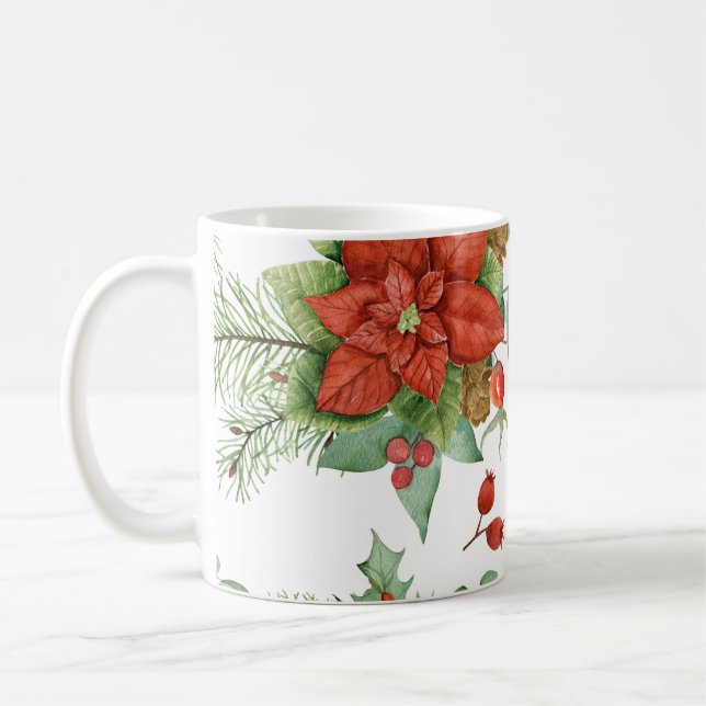 Caneca De Café Watercolor Christmas Poinsettia e Red Cardinal (Esquerda)
