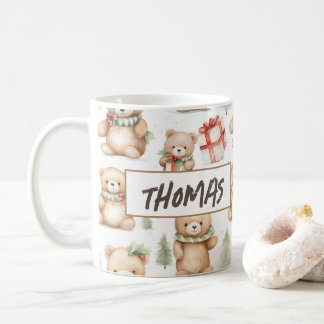 Caneca De Café Watercolor Christmas Teddy Bear Name