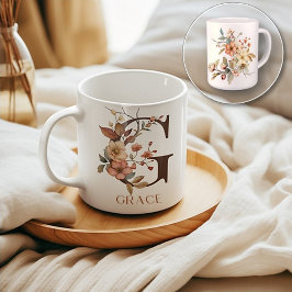Caneca De Café Watercolor Country Wildflower Monograma - Letra G
