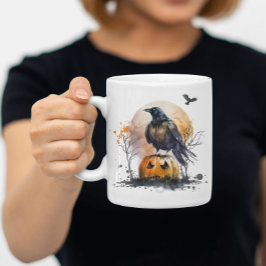 Caneca De Café Watercolor Crow Pumpkin Halloween