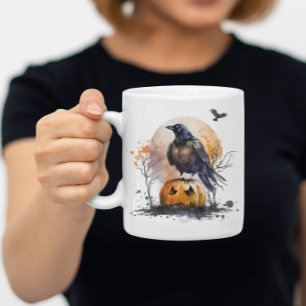 Caneca De Café Watercolor Crow Pumpkin Halloween