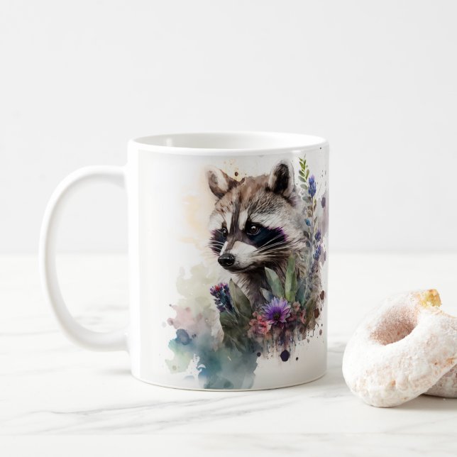 Caneca De Café Watercolor Cute Raccoon Spring Flowers         (Com Donut)