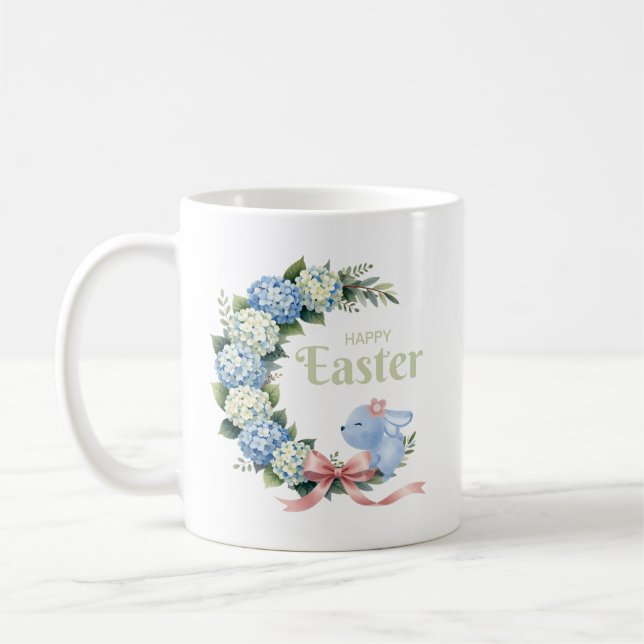 Caneca De Café Watercolor Easter Hydrangea Wreath Cute Bunny (Esquerda)