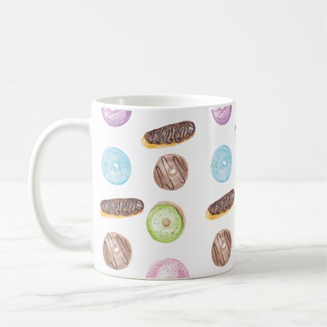 Caneca De Café Watercolor Eclairs Rosquinhas Fundo Whimiscal Swee (Esquerda)