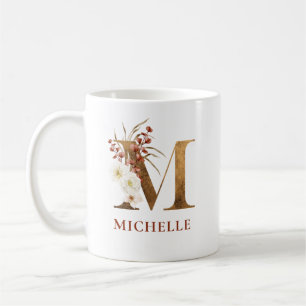 Caneca De Café Watercolor Floral e Dourada Letra M Monograma