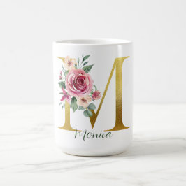 Caneca De Café Watercolor Floral e Dourada Letra M, Nome