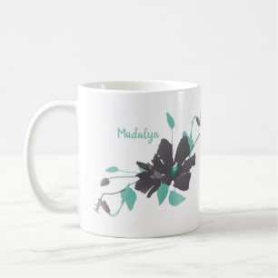 Caneca De Café Watercolor Floral Trendy Teal Cinza Nome Café Mug