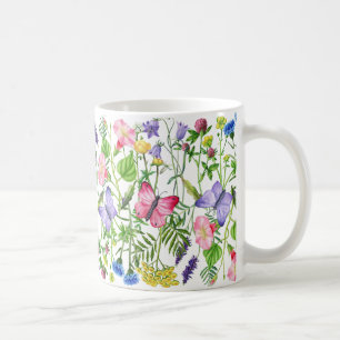 Caneca De Café Watercolor Flores e Borboletas Coloridas