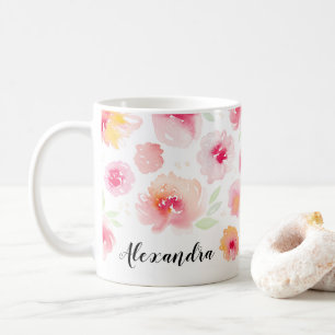 Caneca De Café Watercolor Flowers Nome Personalizado Coffee Mug