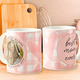 Caneca De Café Watercolor Gingham Hearts Dia de as mães Photo