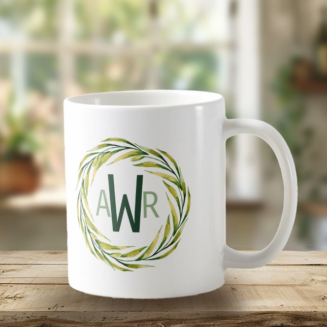 Caneca De Café Watercolor Greenery Frame Monograma ID667 (Criador carregado)
