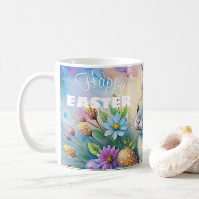 Caneca De Café Watercolor Happy Easter Rabbit (Com Donut)