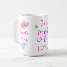 Caneca De Café Watercolor Hearts EAT Drink Coffee LOVE