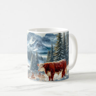 Caneca De Café Watercolor Hereford Bull Cena de inverno