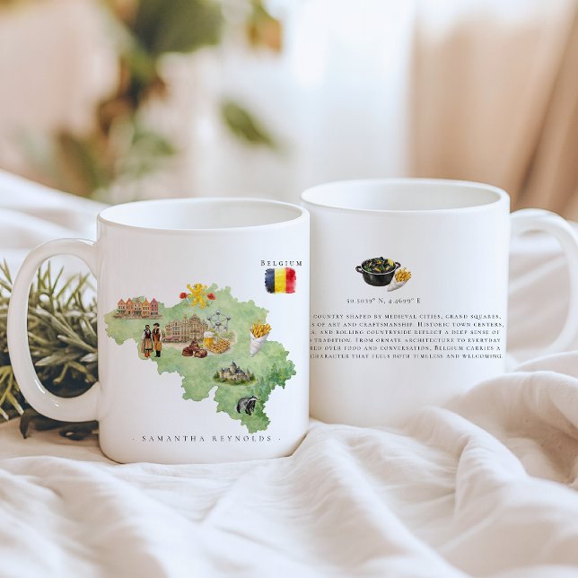 Caneca De Café Watercolor Illustrated Map Belgium | Monogram (Criador carregado)