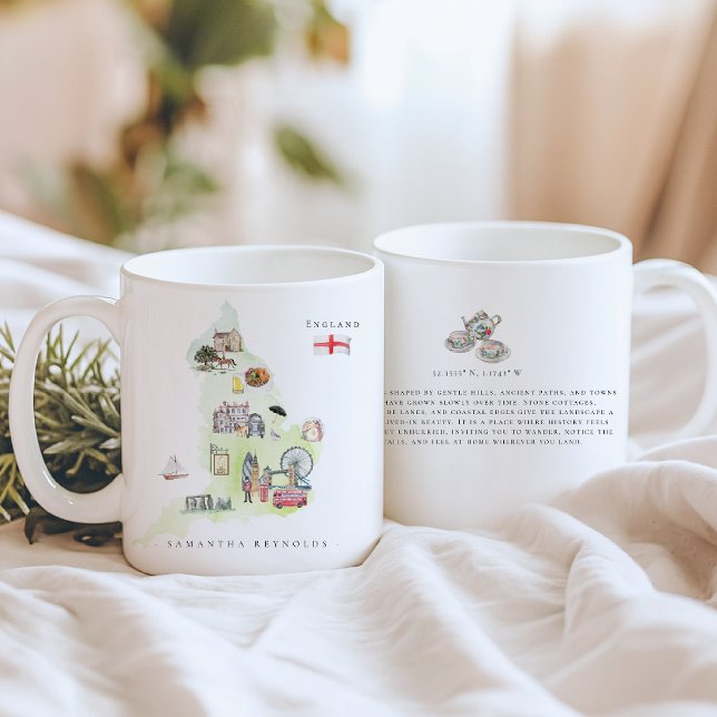 Caneca De Café Watercolor Illustrated Map England | Monogram (Criador carregado)