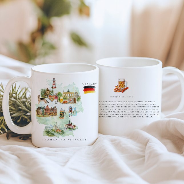 Caneca De Café Watercolor Illustrated Map Germany | Monogram (Criador carregado)