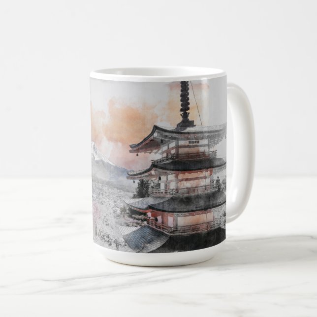 Caneca De Café Watercolor Japanese Pagoda & Fuji  (Frente Esquerda)