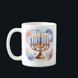 Caneca De Café Watercolor Menorah Happy Hanukkah<br><div class="desc">Itens temáticos de Feriado de Aquarelas Envie seus desejos com este Cartão de Feriado que contém um Chanucá Feliz e Incrível</div>