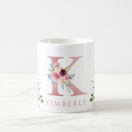 Caneca De Café Watercolor Monograma Floral - Letra K Café Mug