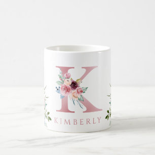 Caneca De Café Watercolor Monograma Floral - Letra K Café Mug