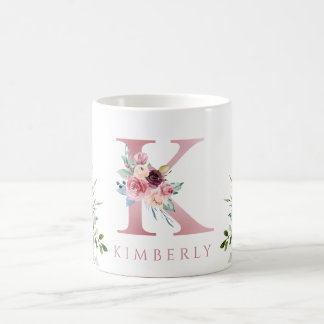 Caneca De Café Watercolor Monograma Floral - Letra K Café Mug