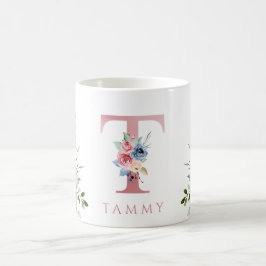 Caneca De Café Watercolor Monograma Floral - Letra T Café Mug