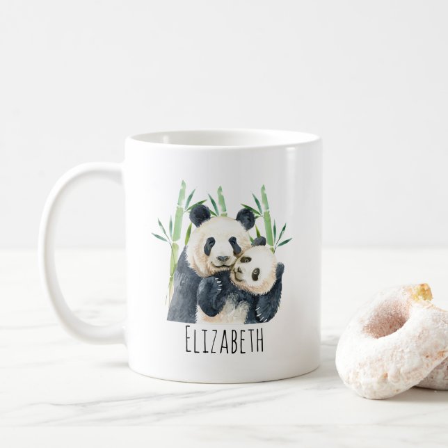 Caneca De Café Watercolor Panda Bears Mãe e Bebê em Bambu (Com Donut)