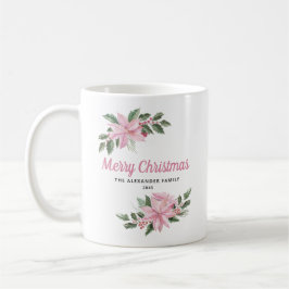 Caneca De Café Watercolor Pink Poinsettia and Berries Christmas