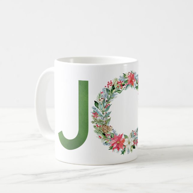 Caneca De Café Watercolor Poinsettia Christmas Wreath Joy (Frente Esquerda)
