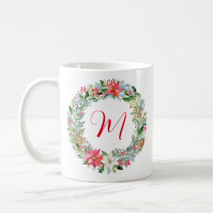 Caneca De Café Watercolor Poinsettia Wreath Monograma