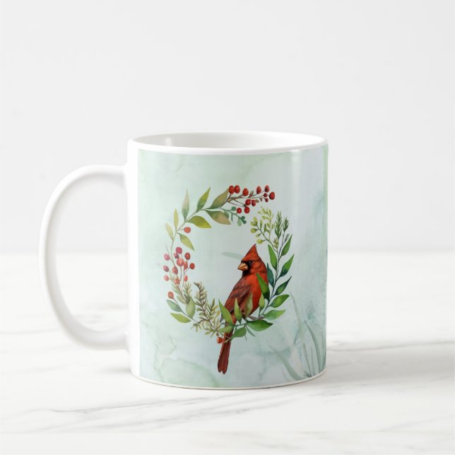 Caneca De Café Watercolor Red Cardinal Bird Wreath Christmas (Esquerda)