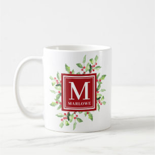 Caneca De Café Watercolor Red Green Monogramas Pata de Natal