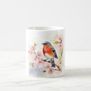 Caneca De Café Watercolor Robin no Ramal do Flor de Cereja da Pri