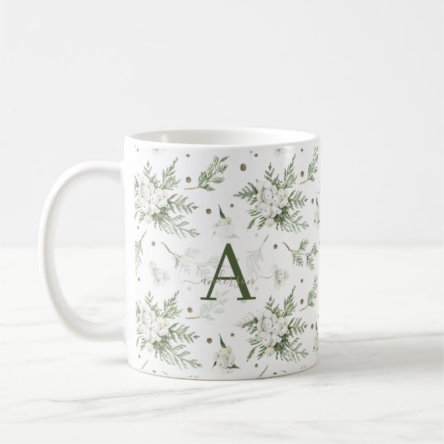 Caneca De Café Watercolor Snowberry White Cedar Branch Christmas (Esquerda)