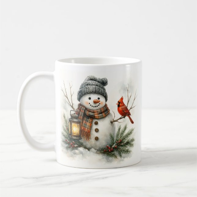 Caneca De Café Watercolor Snowman, Lantern & Cardinal (Esquerda)