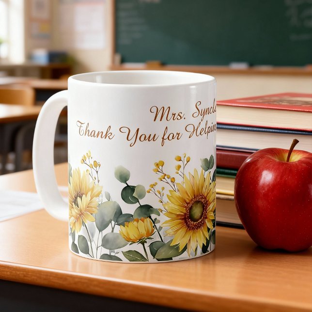 Caneca De Café Watercolor Sunflower Teacher Appreciation Script (Criador carregado)