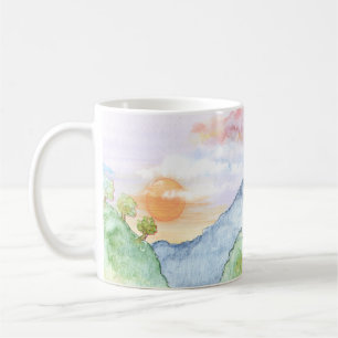 Caneca De Café Watercolor Sunset sobre Montanhas e Árvores 
